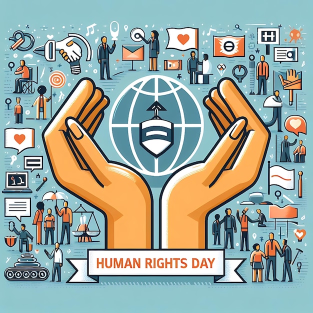 een poster met een menselijke hand en iconen die de dag van de mensenrechten in het midden zegt