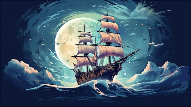 Een poster met een schip op zee en de maan op de achtergrond.