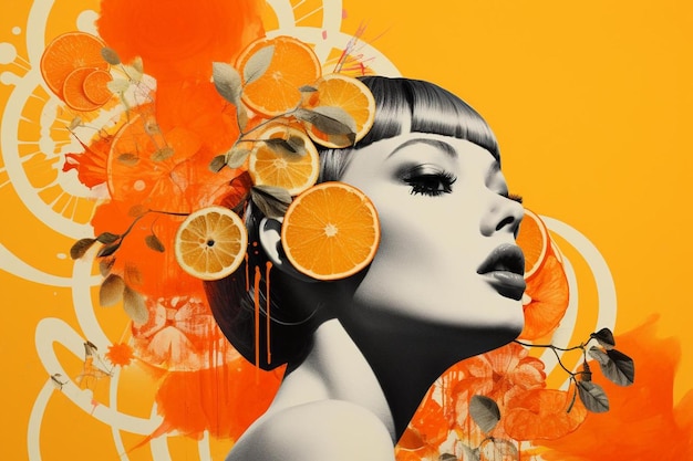 Een poster met een vrouw in een haar met een oranje achtergrond.