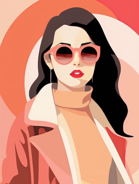 Een poster met een vrouw met een zonnebril en een roze jas.