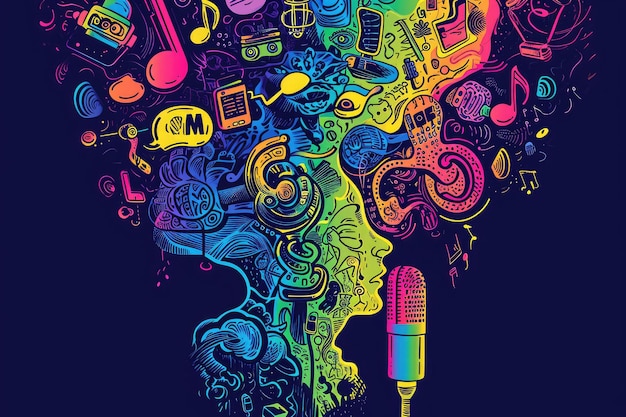 Een poster met een vrouwelijk hoofd met een microfoon die een sterke en zelfverzekerde vrouwelijke artiest portretteert Een kleurrijke mindmap die de verschillende onderwerpen van een podcast vertegenwoordigt