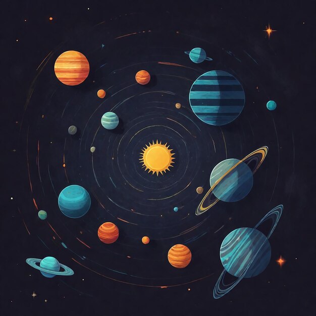 een poster met planeten en de zon in het midden