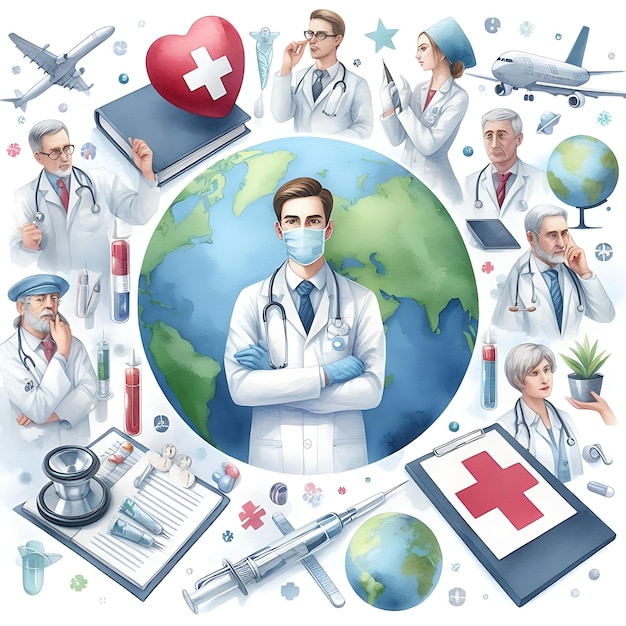 een poster van artsen en verpleegkundigen met een wereldkaart en een wereldkaart