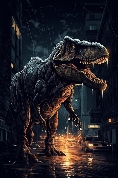 Een poster van at - rex met het woord jurassic erop.