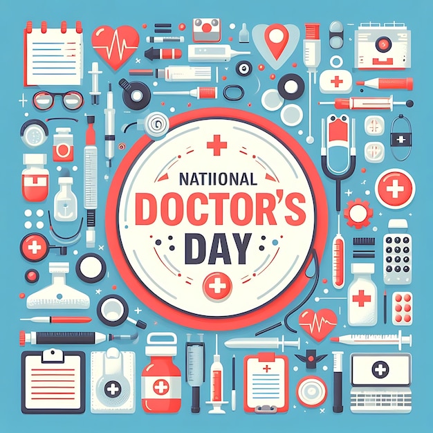 een poster van de dag van de arts wordt getoond met veel medische apparaten
