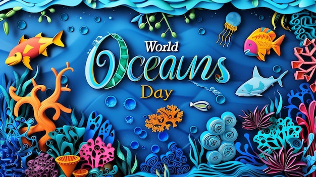 een poster van de Wereld Oceaan Dag met een blauwe achtergrond