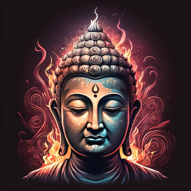 Een poster van een boeddha met een vuur op het gezicht.