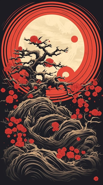 Een poster van een boom met rode bloemen voor een volle maan generatieve ai