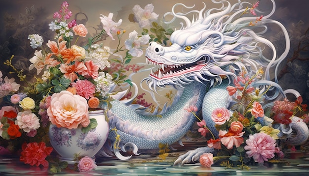Een poster van een Chinese draak gemaakt van zilveren filigraan