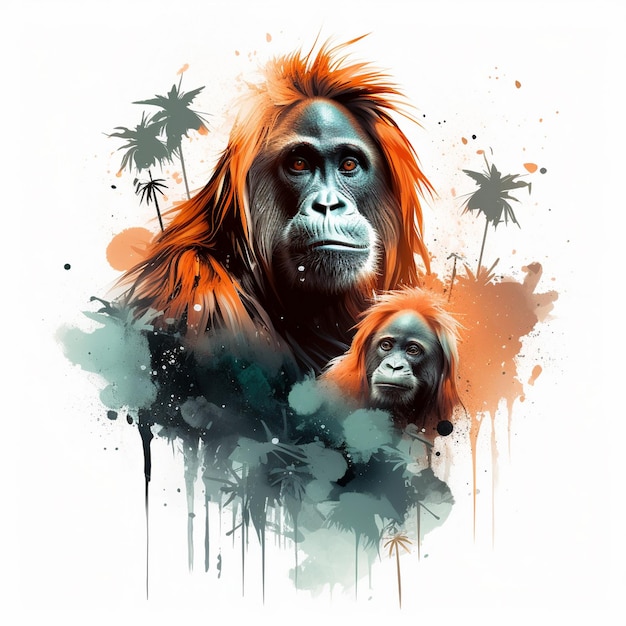 een poster van een gorilla met een rode manen en een aap erop