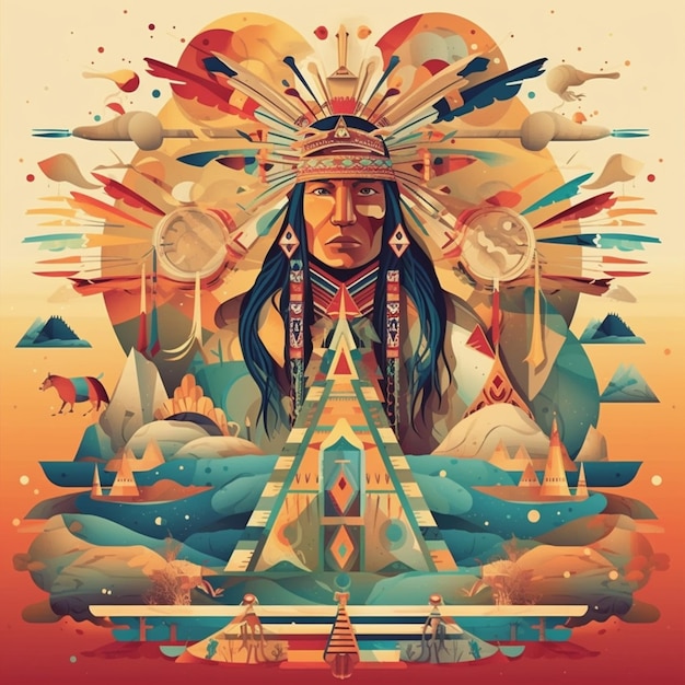 Een poster van een inheemse Amerikaanse man met een veren hoofdtooi generatieve ai