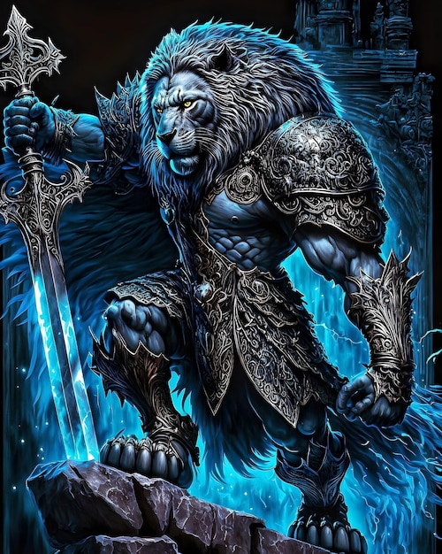 Een poster van een leeuw met een zwaard en een zwaard.