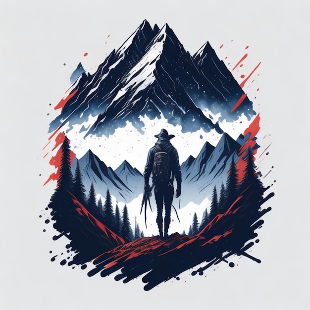 Een poster van een man met een berg op de achtergrond