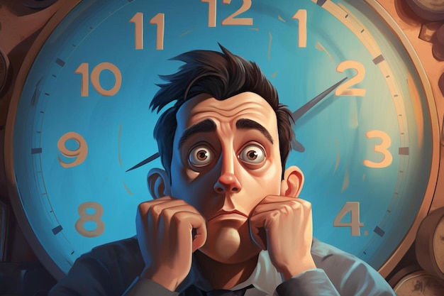 een poster van een man met een wijzerplaat waarop staat: "Ik weet niet zeker of het tijd is."