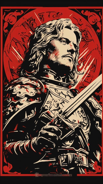 een poster van een man met een zwaard