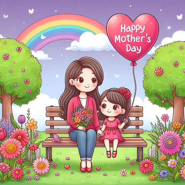 een poster van een moeder en dochter die op een bank zitten met een regenboog op de achtergrond