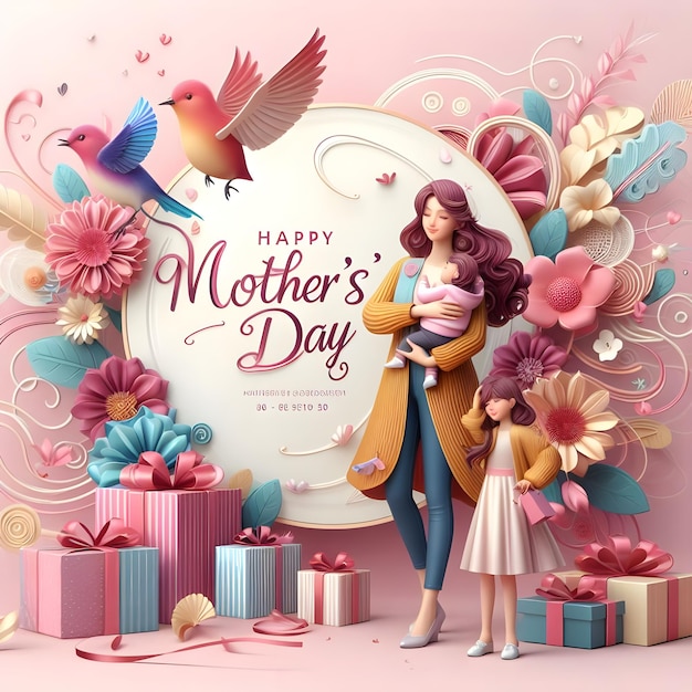 een poster van een moeder en haar dochter met een roze achtergrond met een afbeelding van een vrouw en haar
