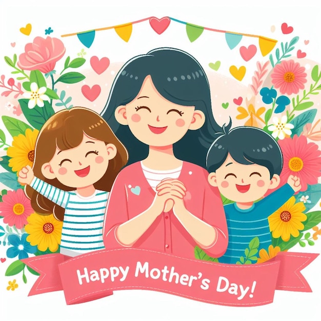 een poster van een moeder en haar kinderen met bloemen en een gelukkige moeder