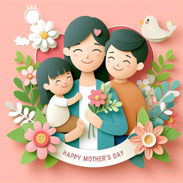 een poster van een moeder en haar kinderen met bloemen en een vrouw met bloemen