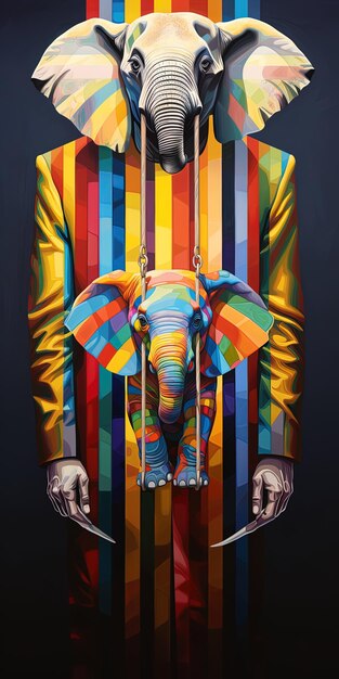 een poster van een olifant met een regenboog gekleurde shirt