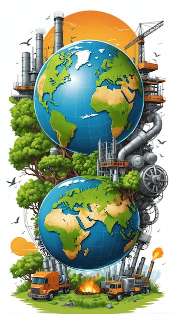 een poster van een planeet met een boom erop en een gebouw op de achtergrond