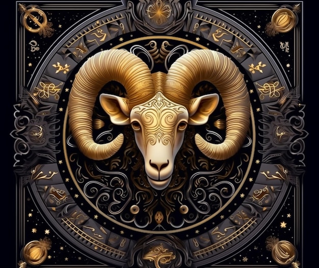 Een poster van een ram met goudkleurige hoorns en gouden ornamenten.