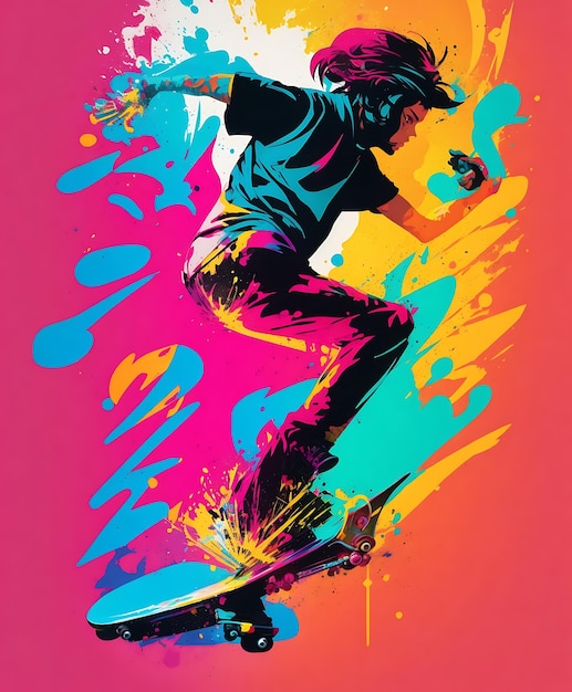een poster van een skateboarder met een rode achtergrond met een man erop.