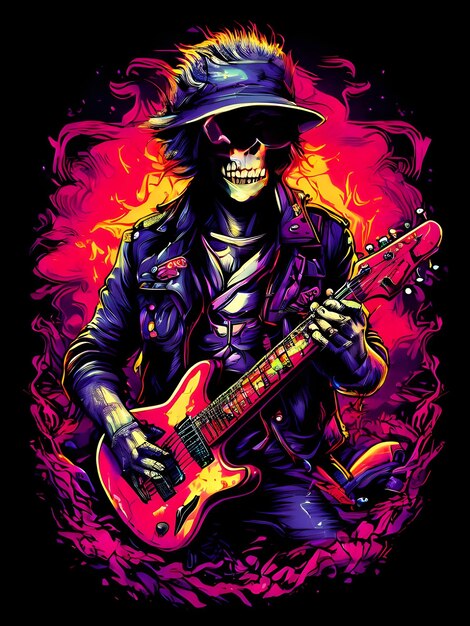 een poster van een skelet met een gitaar en een schedel erop