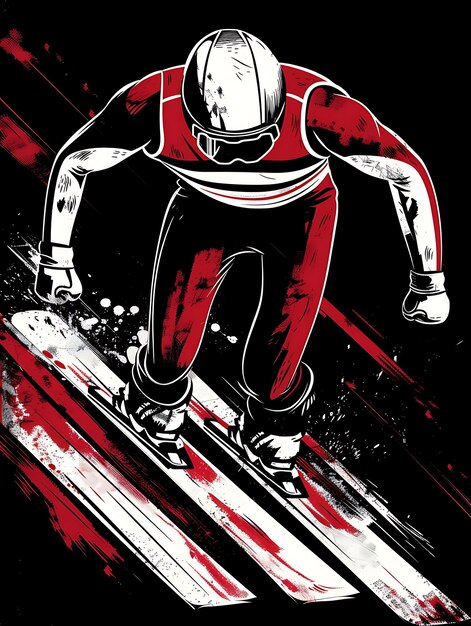 een poster van een snowboarder in rood en zwart met een rode achtergrond