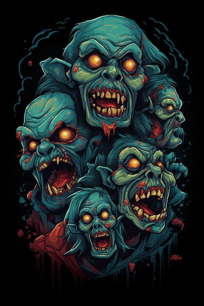Een poster van een stel zombiehoofden met de woorden "zombie" op de bodem.