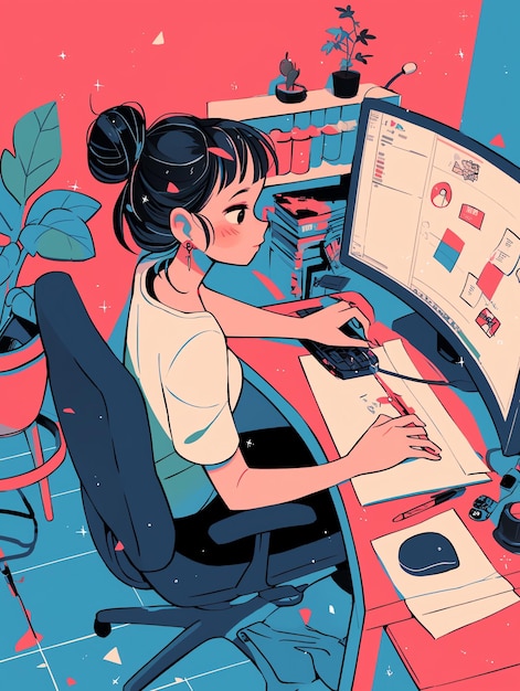 Foto een poster van een vrouw die aan een computer werkt met een foto van een vrouw die aan haar computer werkt