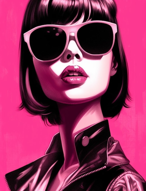 een poster van een vrouw met een zonnebril en een roze achtergrond met een afbeelding van een vrouw met een roze lipgloss.