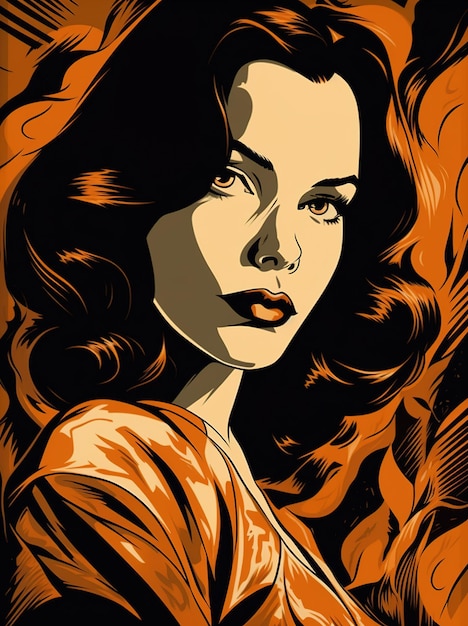Een poster van een vrouw met lang haar en een rode en oranje achtergrond.