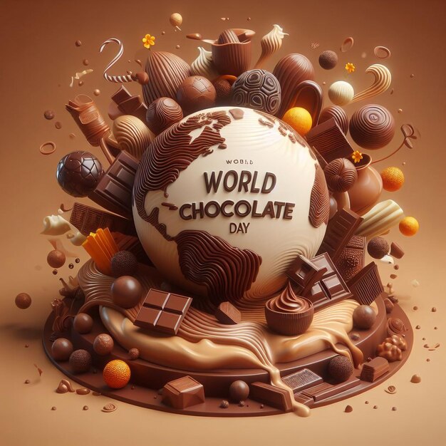 een poster van een wereld chocoladekoek met de woorden wereld chocolade erop geschreven