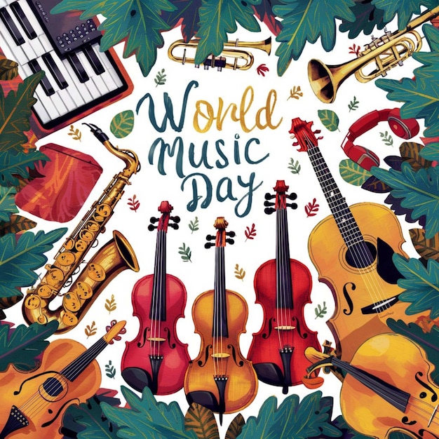 een poster van een wereldmuziekdag met een foto van een viool