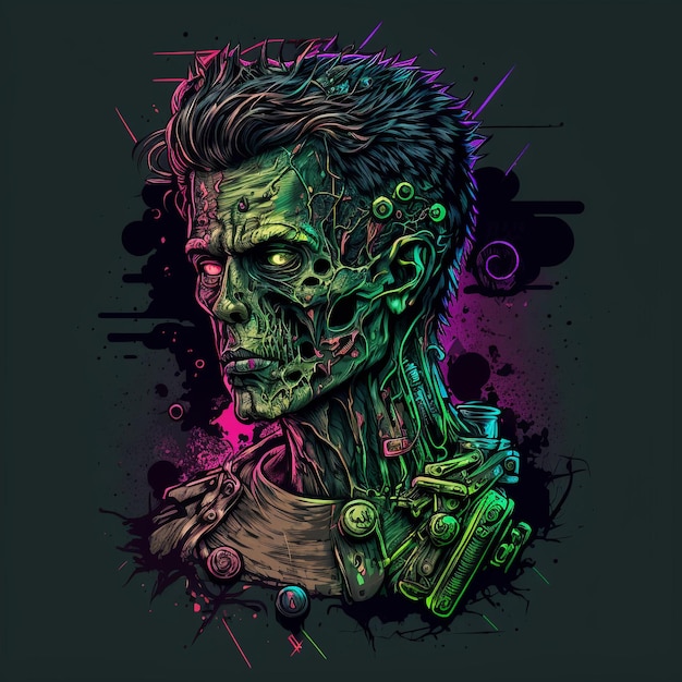 Een poster van een zombie met neonkleuren erop.