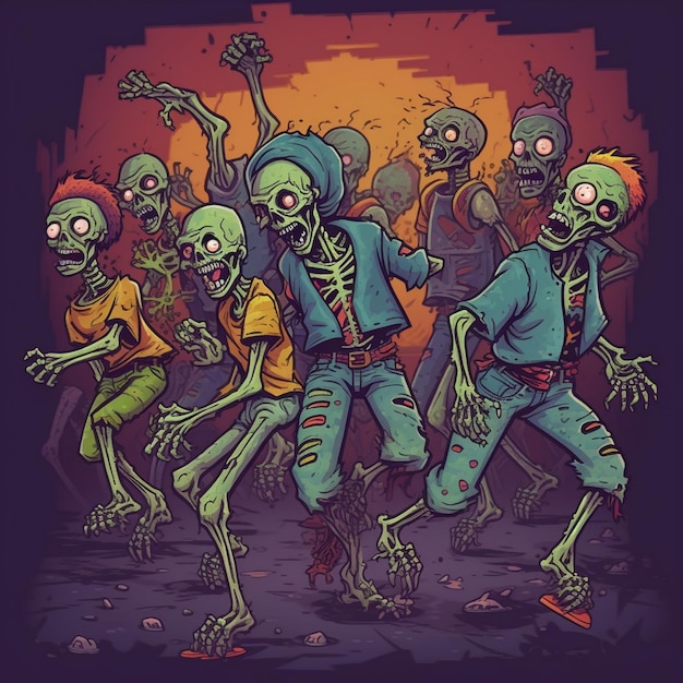 Een poster van een zombiefeest met skeletten op de achtergrond.