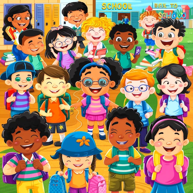 een poster van kinderen met een foto van een school met het woord school erop
