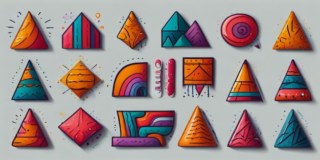 een poster van kleurrijke vormen met het woord regenboog erop