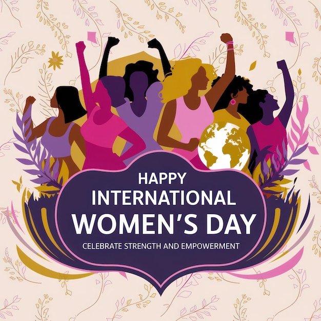 een poster van vrouwen die dansen met een spandoek met de tekst Internationale Vrouwendag