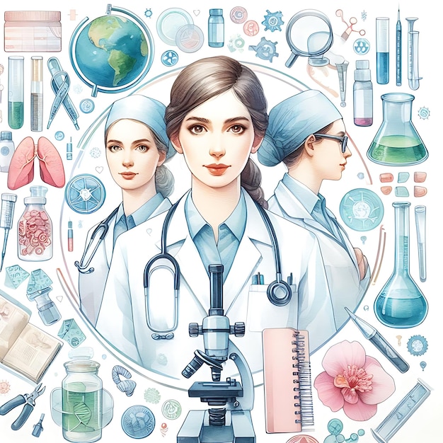 Een poster van vrouwen en het lab met de woorden "medische wetenschap"