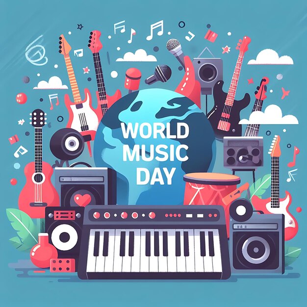 een poster van wereldmuziekdag met een wereld van vectormuziek