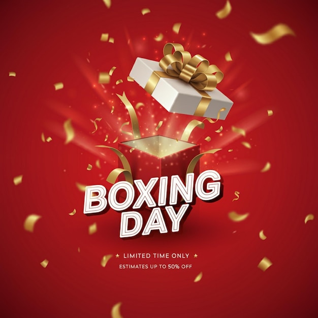 een poster voor boksen boksen dag met gouden confetti op de rode achtergrond