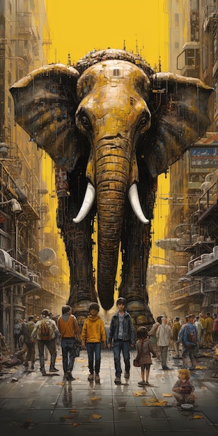een poster voor de film genaamd olifant met mensen die in de achtergrond lopen