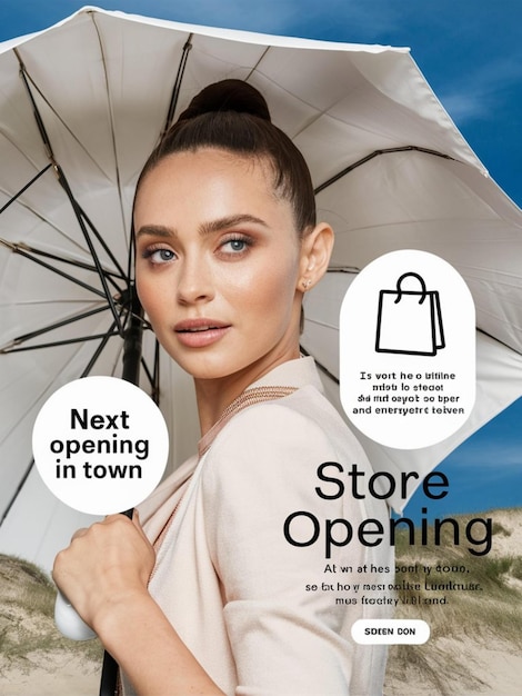 een poster voor de opening van de winkel wordt getoond met een vrouw die een paraplu vasthoudt