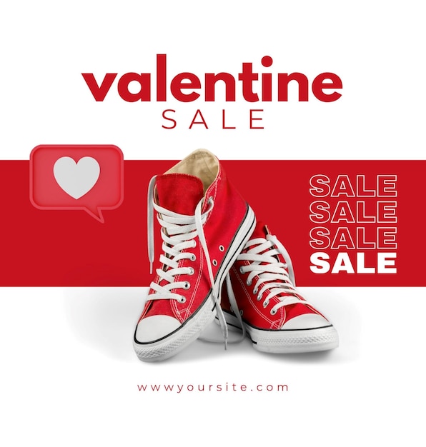 een poster voor de valentijnsdagverkoop met een rode schoen en een bord dat zegt valentiynsverkoop