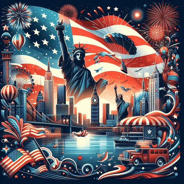 een poster voor de Verenigde Staten van Amerika met het Statue of Liberty en de Amerikaanse vlag