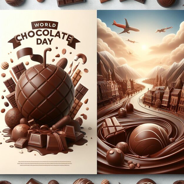 een poster voor de wereld chocoladedag met een vliegtuig dat in de achtergrond vliegt