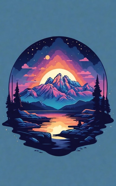 Een poster voor een bergmeer met een meer en bergen op de achtergrond