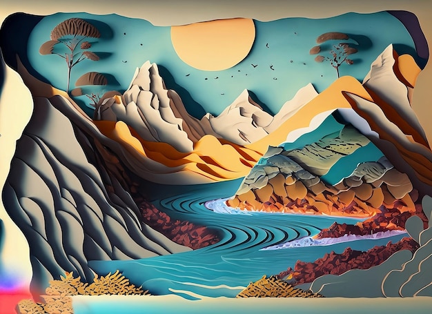 Een poster voor een bergmeer met uitzicht op de bergen